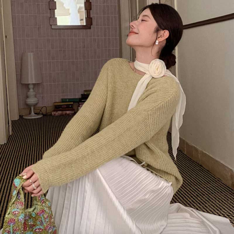 スカーフリボン付きラウンドネックニット(3colors)