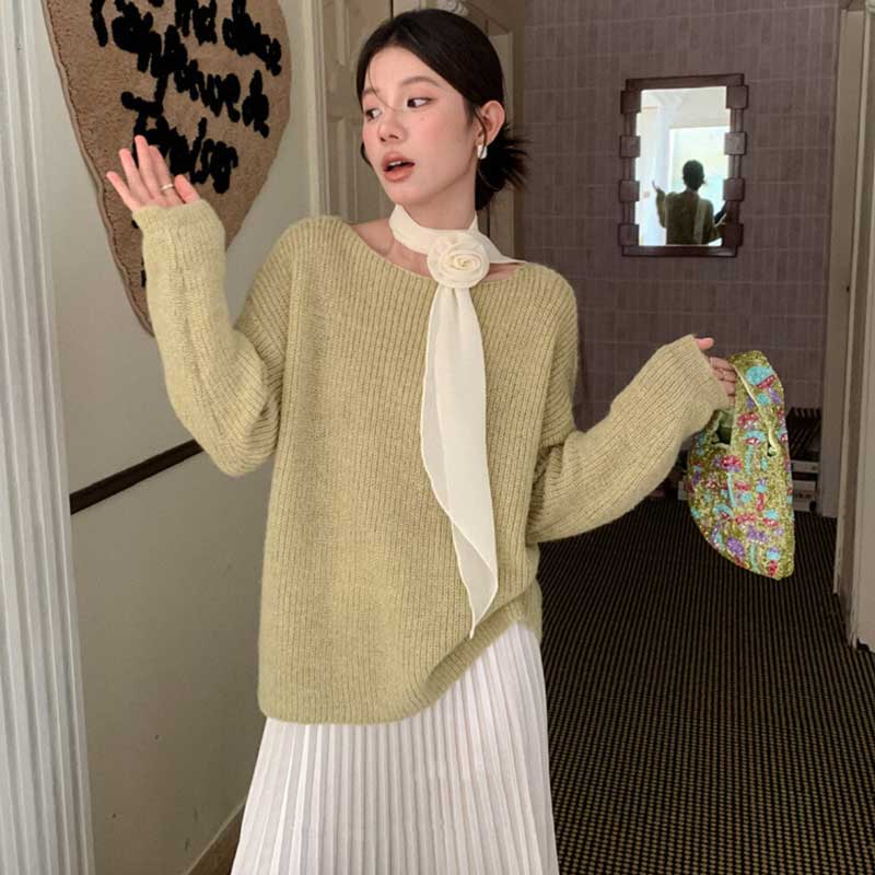 スカーフリボン付きラウンドネックニット(3colors)