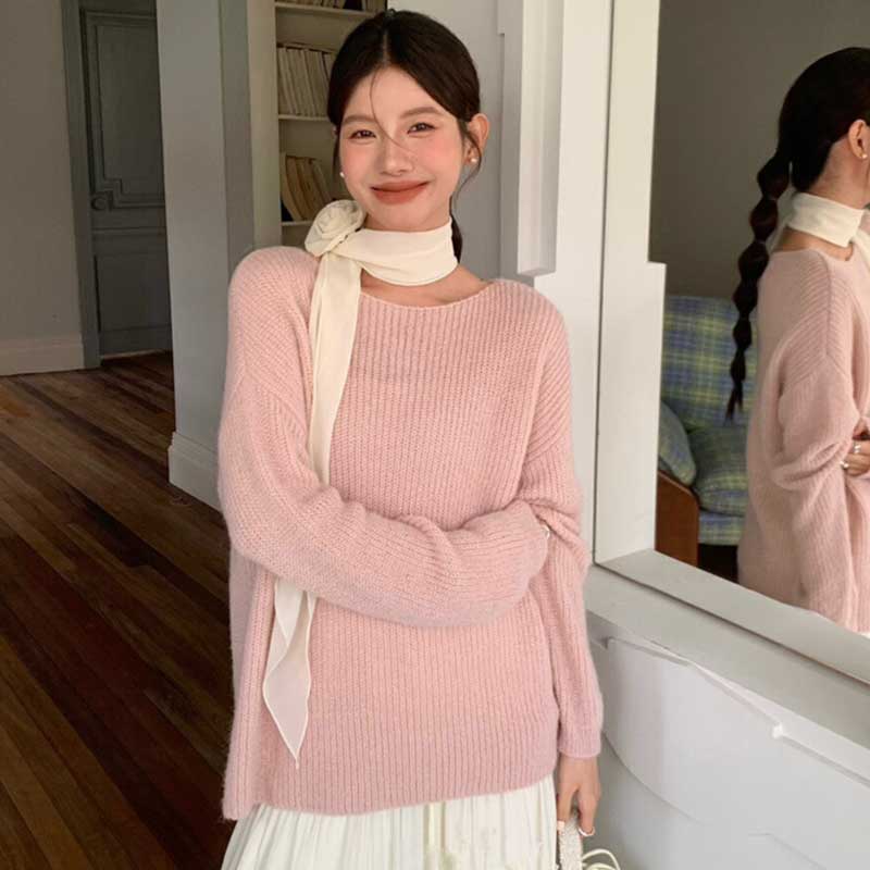 スカーフリボン付きラウンドネックニット(3colors)