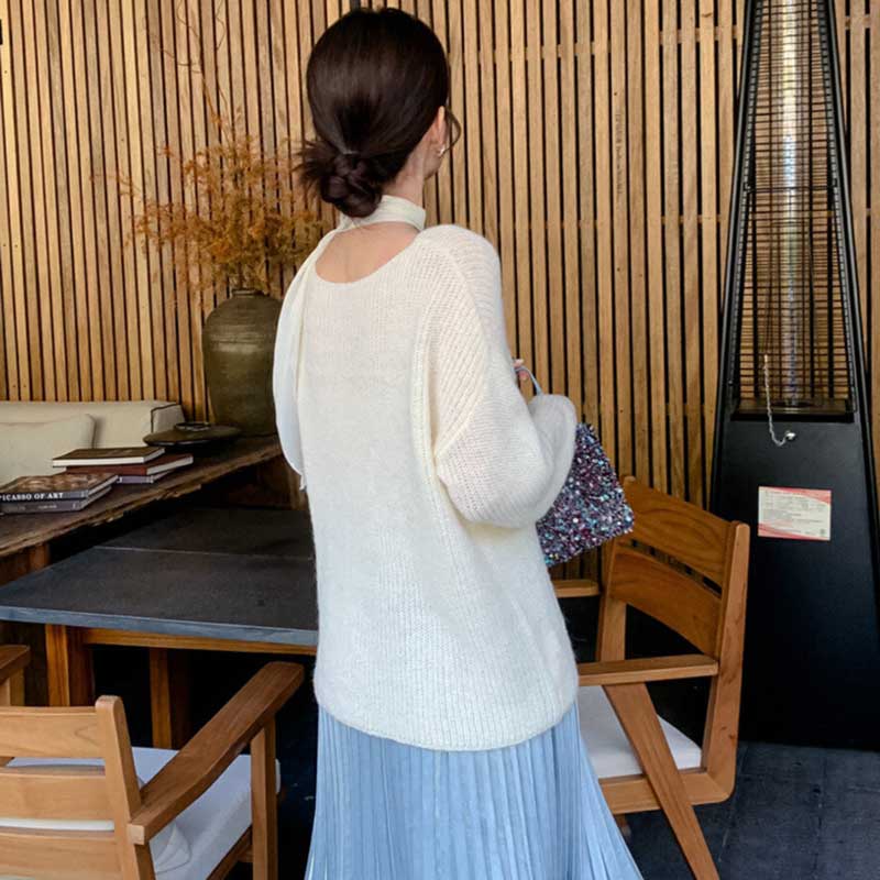 スカーフリボン付きラウンドネックニット(3colors)