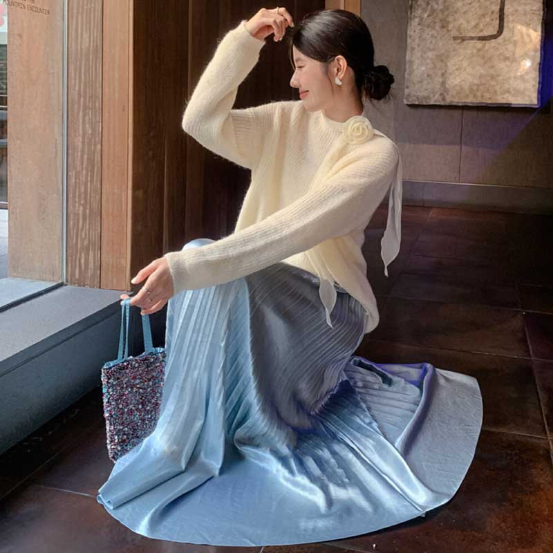 スカーフリボン付きラウンドネックニット(3colors)