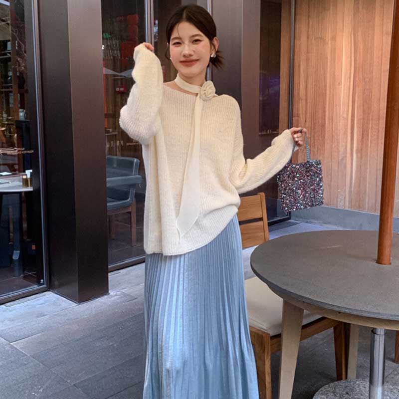 スカーフリボン付きラウンドネックニット(3colors)