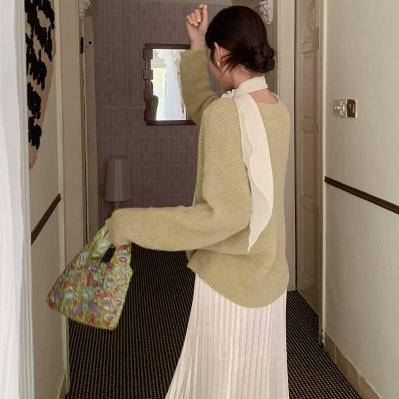 スカーフリボン付きラウンドネックニット(3colors)