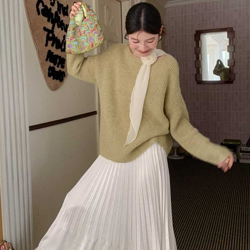 スカーフリボン付きラウンドネックニット(3colors)