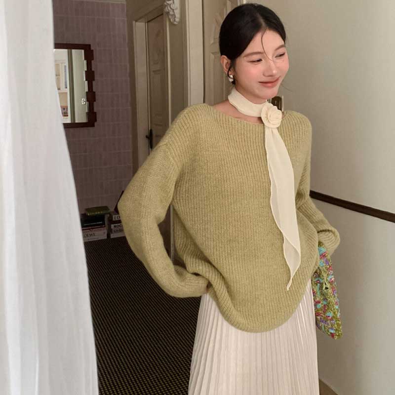 スカーフリボン付きラウンドネックニット(3colors)