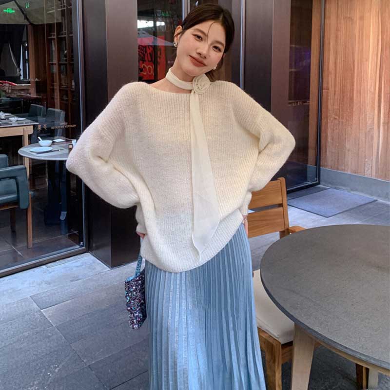 スカーフリボン付きラウンドネックニット(3colors)