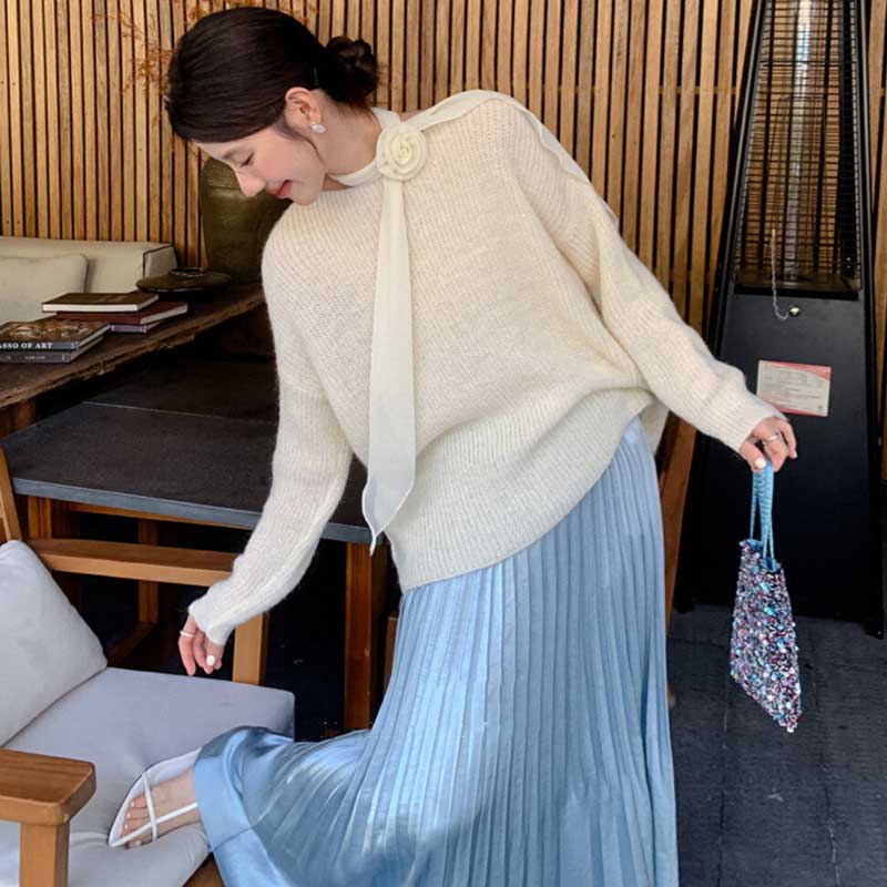 スカーフリボン付きラウンドネックニット(3colors)