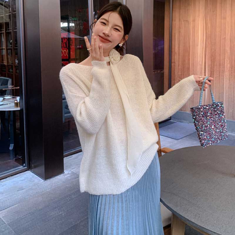 スカーフリボン付きラウンドネックニット(3colors)