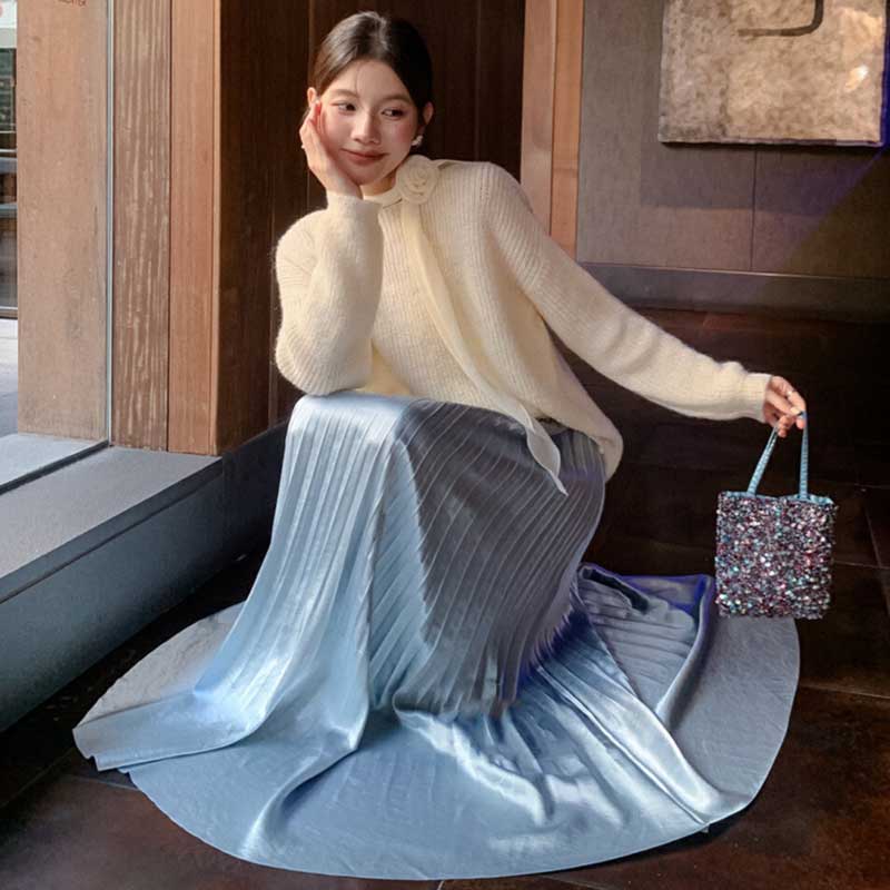 スカーフリボン付きラウンドネックニット(3colors)