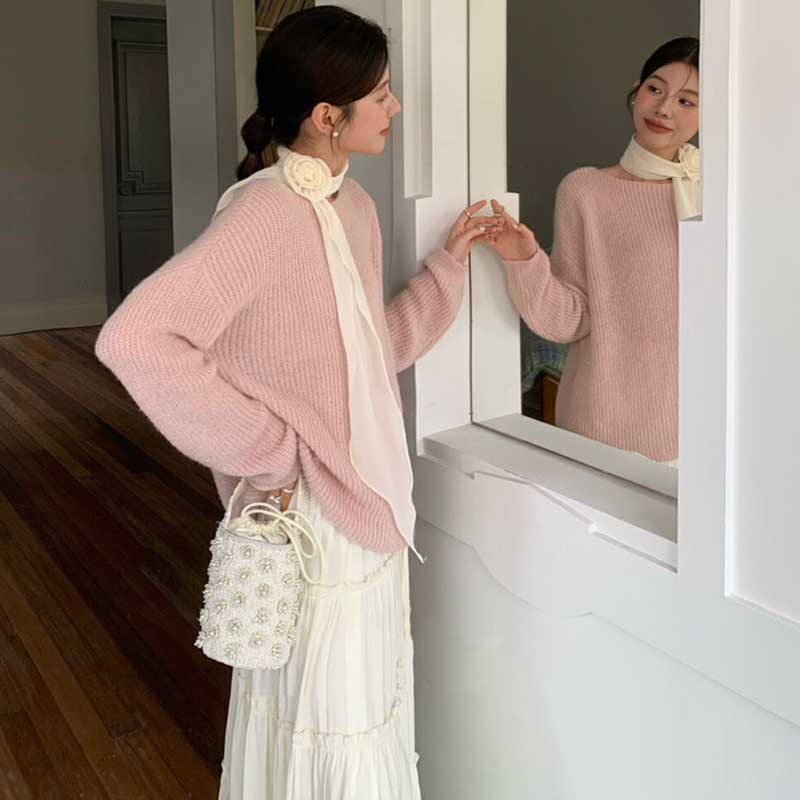 スカーフリボン付きラウンドネックニット(3colors)