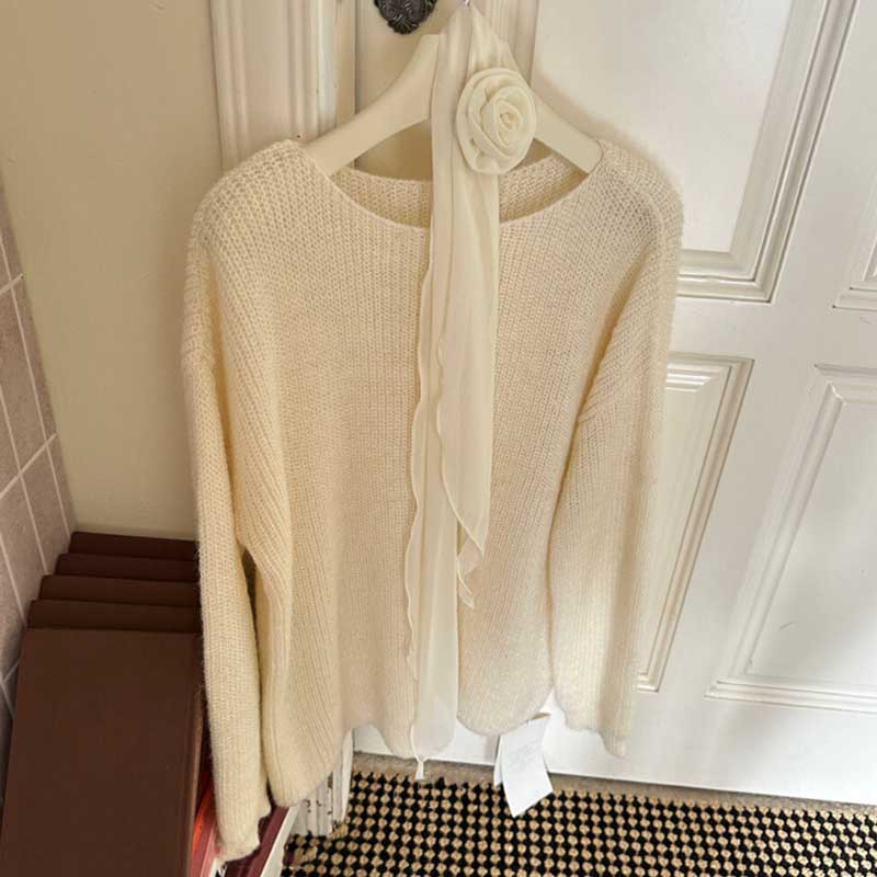 スカーフリボン付きラウンドネックニット(3colors)