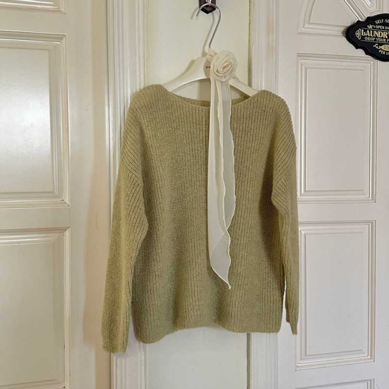 スカーフリボン付きラウンドネックニット(3colors)