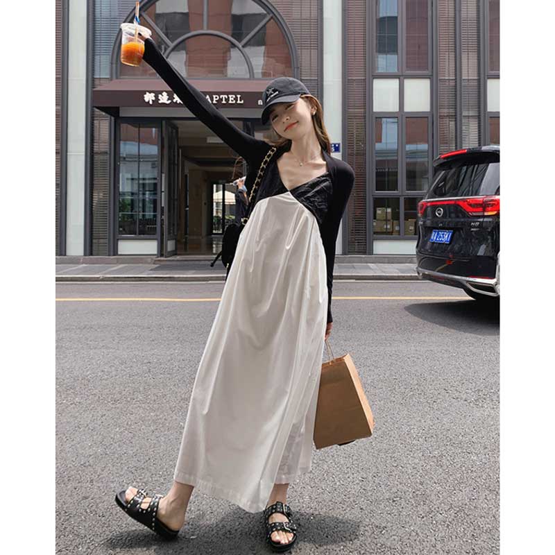 ショート丈カーディガン×ツートンワンピース