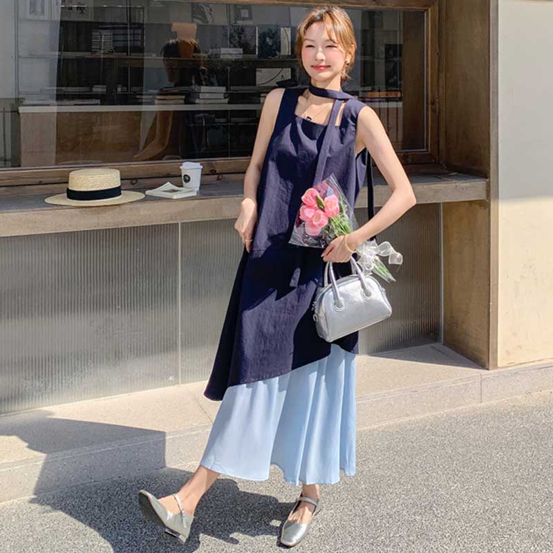 ネイビーコンビネーションワンピース