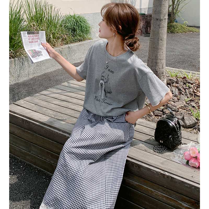 ドッグTシャツ×ギンガムワイドパンツ