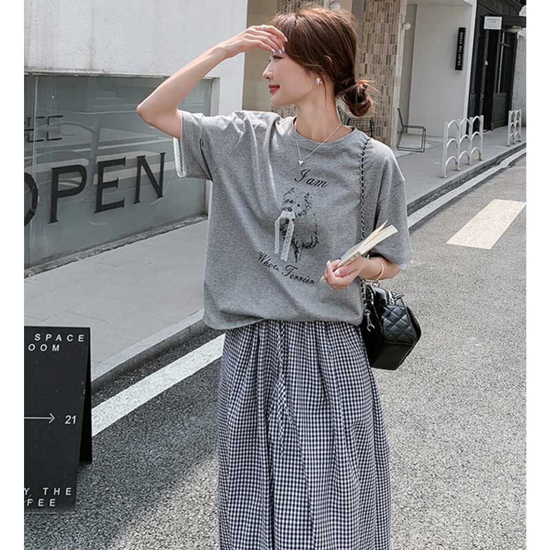 ドッグTシャツ×ギンガムワイドパンツ