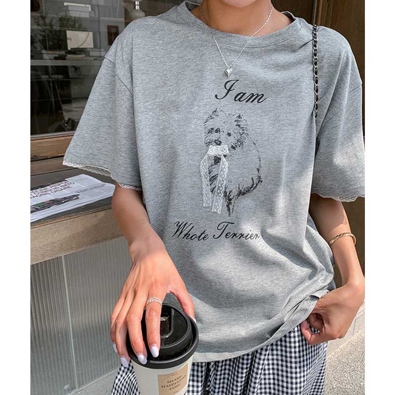 ドッグTシャツ×ギンガムワイドパンツ