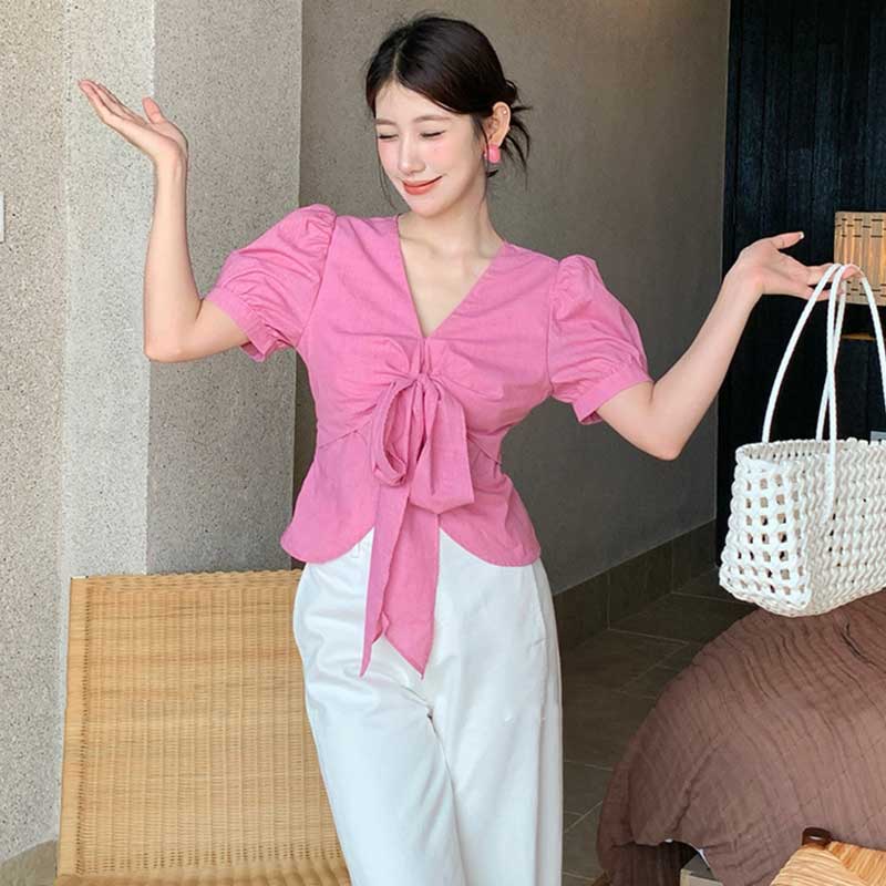 Vネックフロントリボントップス(2colors)