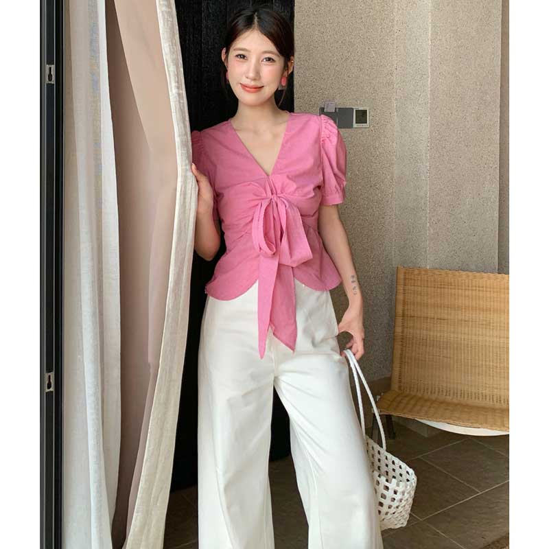 Vネックフロントリボントップス(2colors)