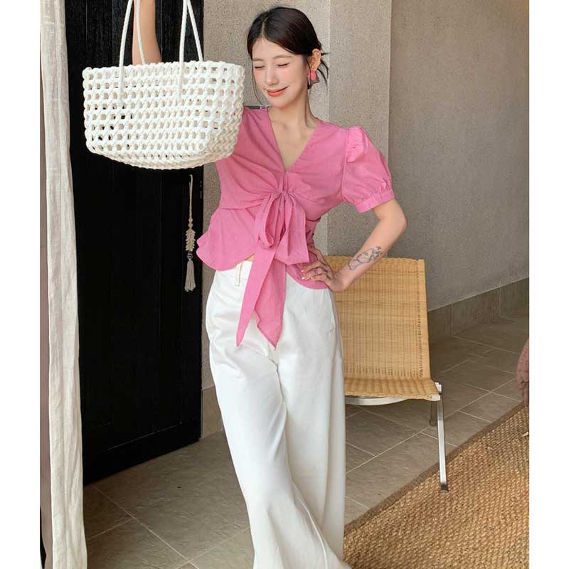 Vネックフロントリボントップス(2colors)