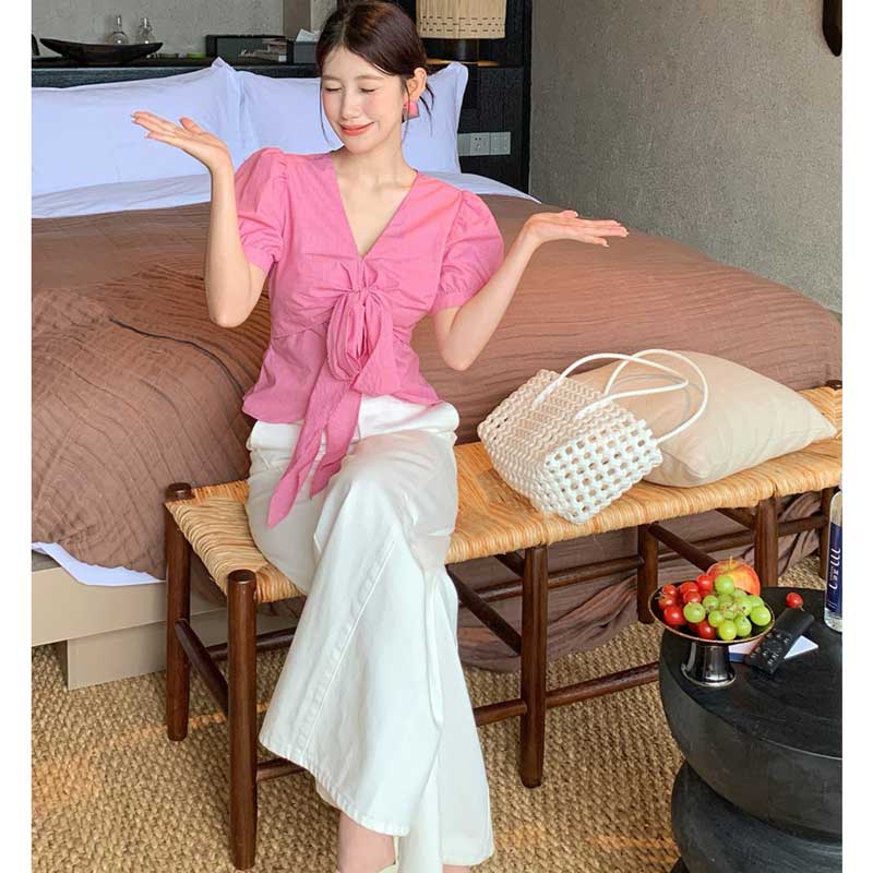 Vネックフロントリボントップス(2colors)