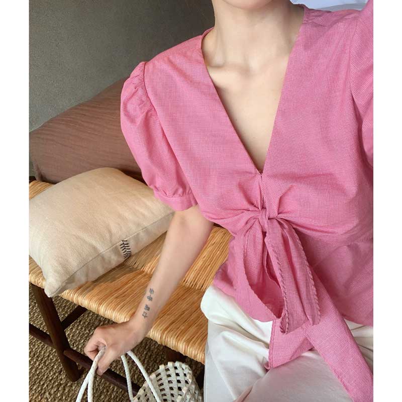 Vネックフロントリボントップス(2colors)