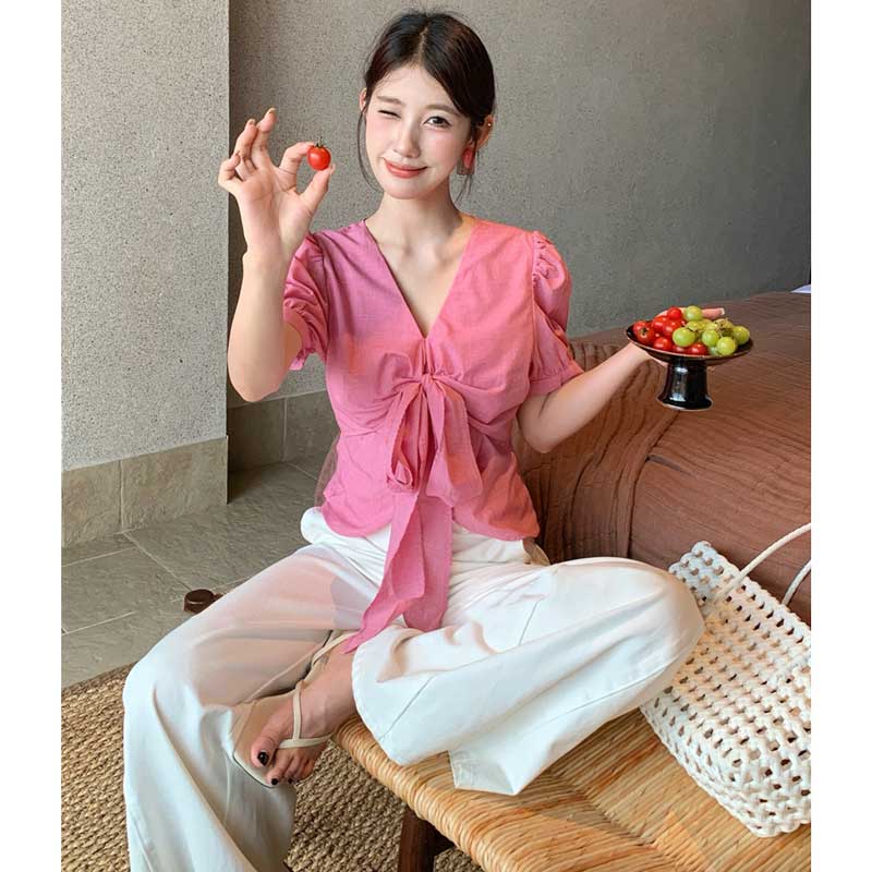 Vネックフロントリボントップス(2colors)