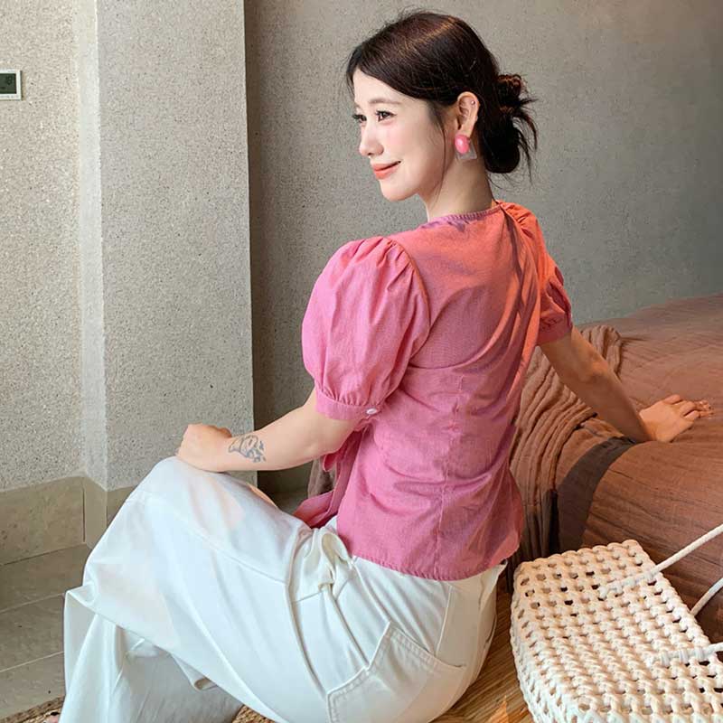 Vネックフロントリボントップス(2colors)