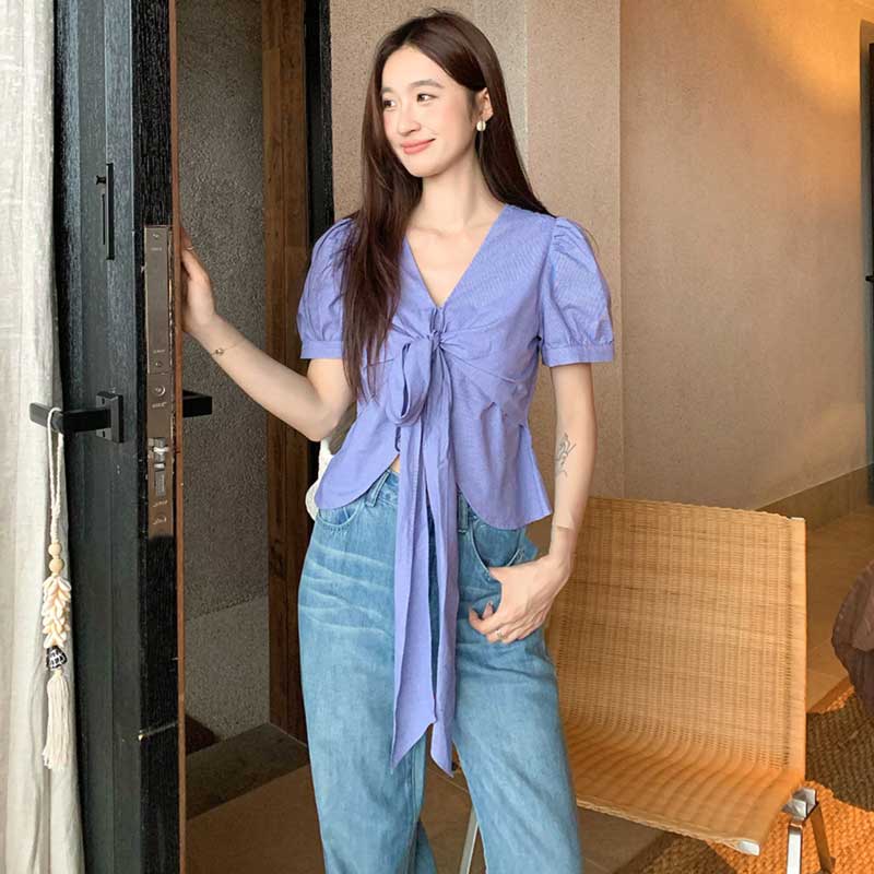 Vネックフロントリボントップス(2colors)