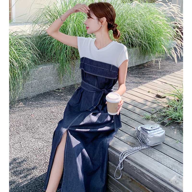 フェイクレイヤードデニムコンビワンピース