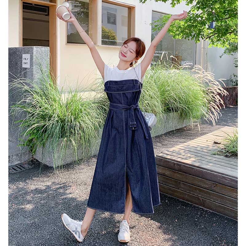 フェイクレイヤードデニムコンビワンピース