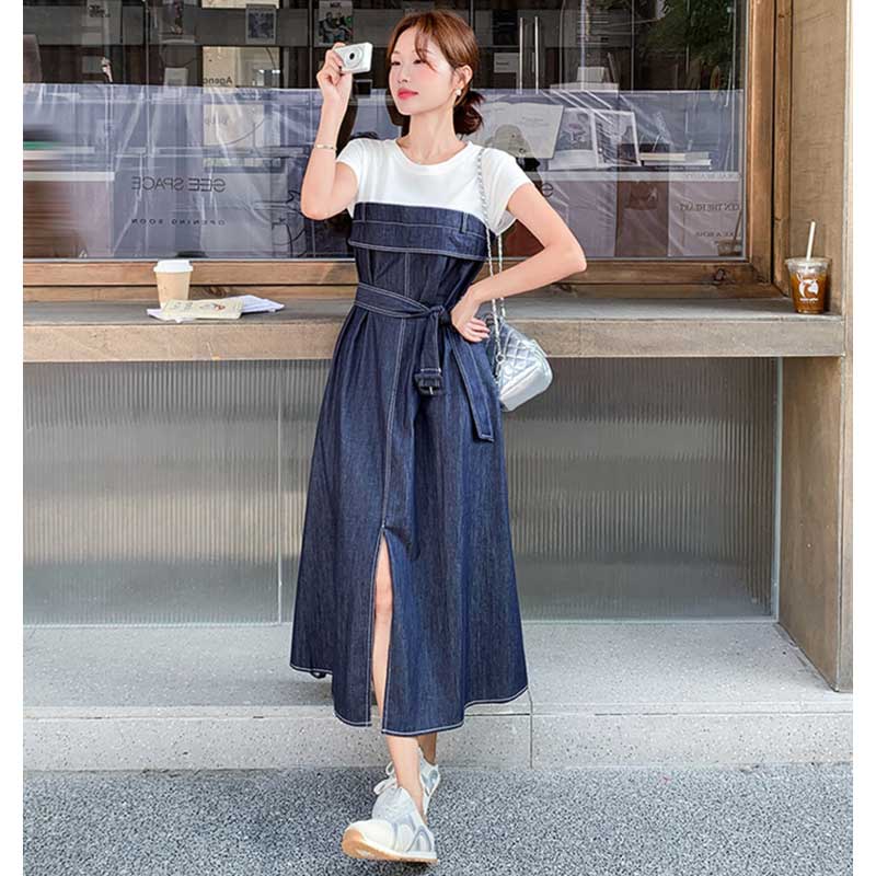 フェイクレイヤードデニムコンビワンピース