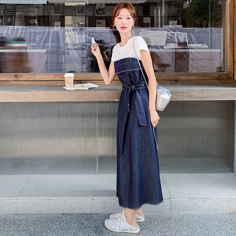 フェイクレイヤードデニムコンビワンピース