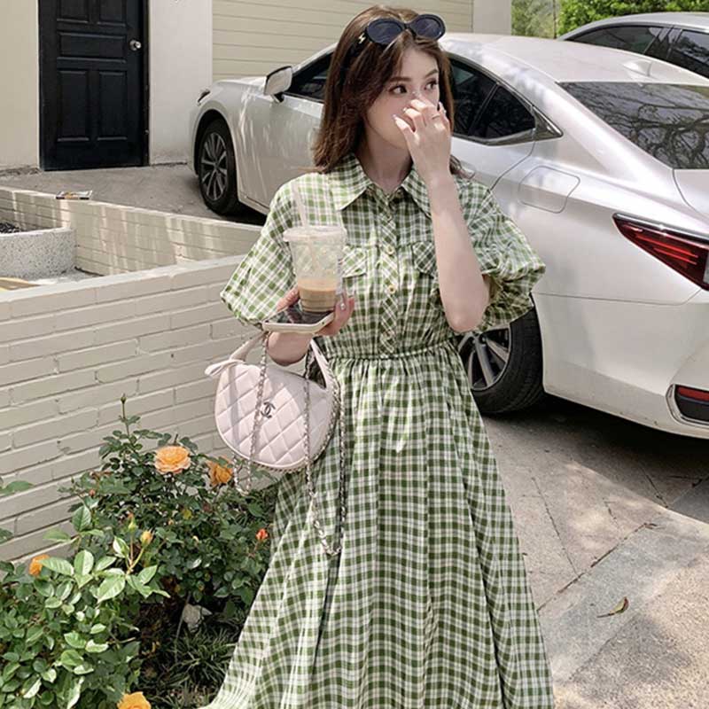 パフスリーブチェック柄ワンピース(2colors)