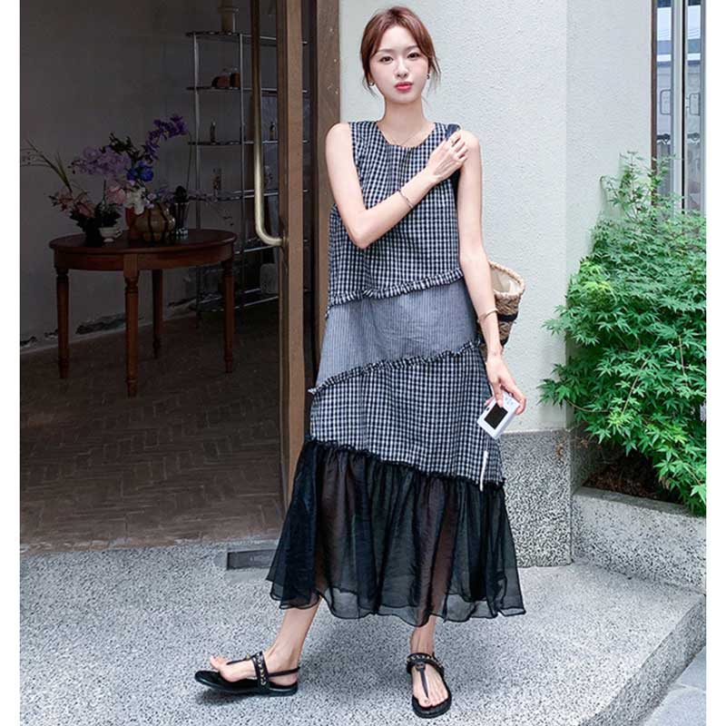 ギンガムチェック柄ドッキングワンピース