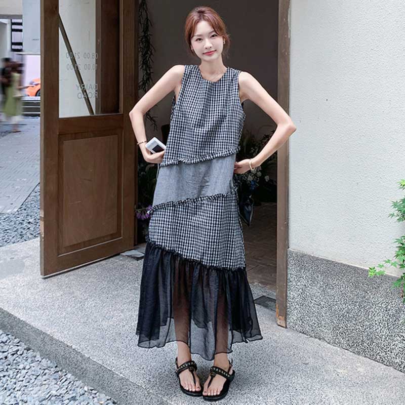 ギンガムチェック柄ドッキングワンピース