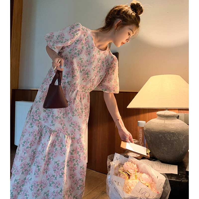 フローラルパフスリーブワンピース