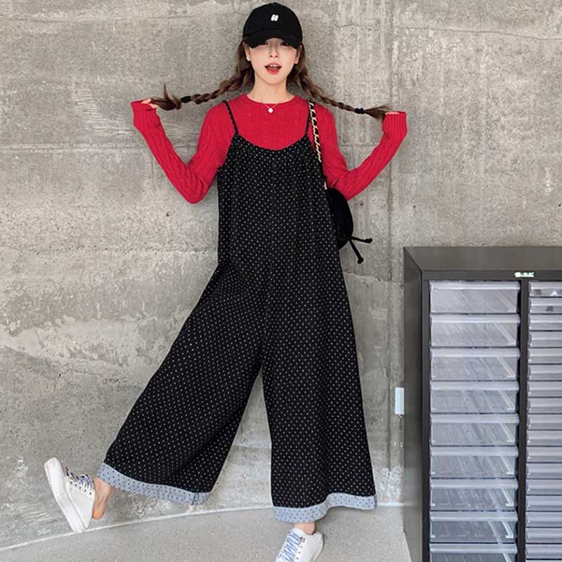 ドット柄ワイドサロペットパンツ