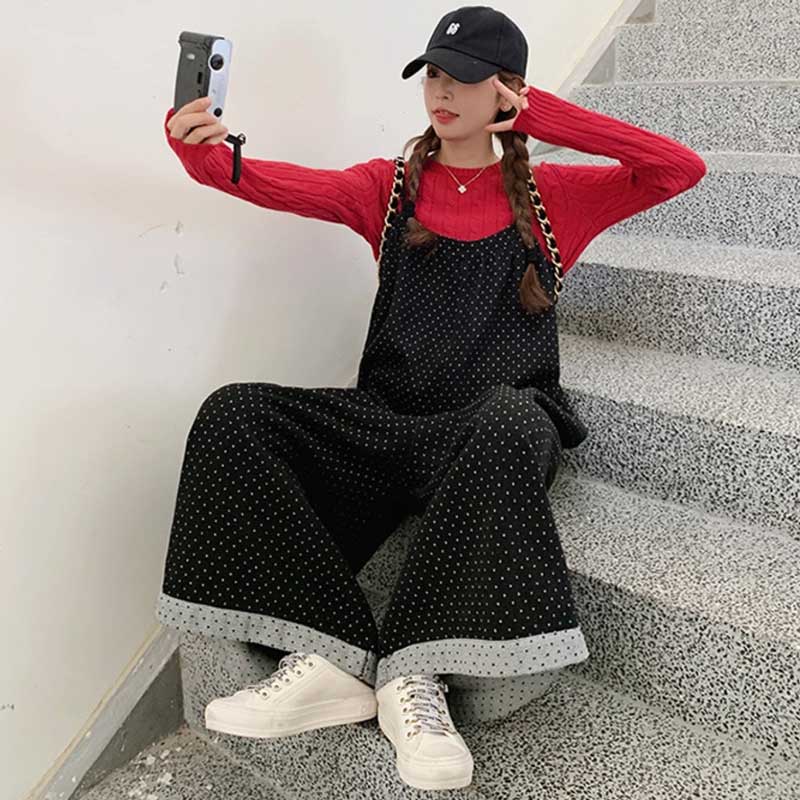 ドット柄ワイドサロペットパンツ