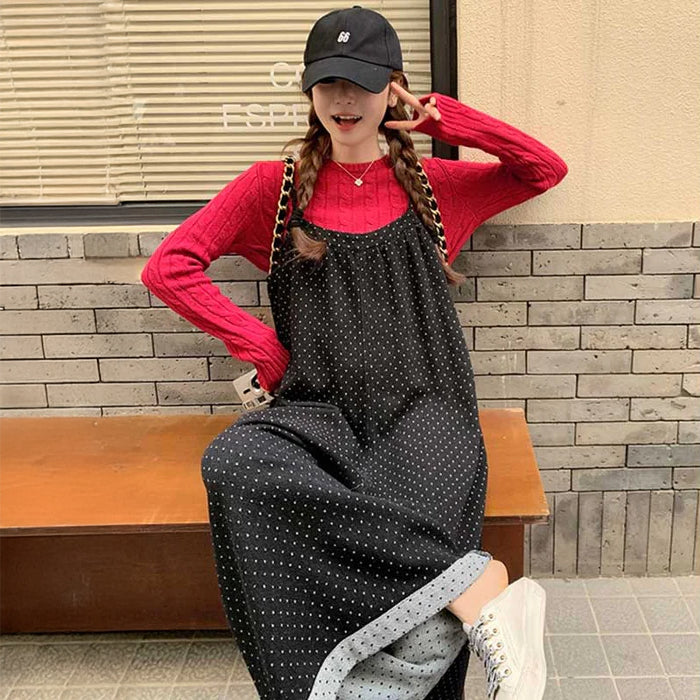 ドット柄ワイドサロペットパンツ