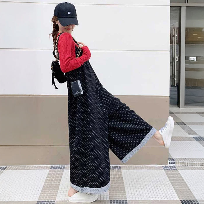 ドット柄ワイドサロペットパンツ