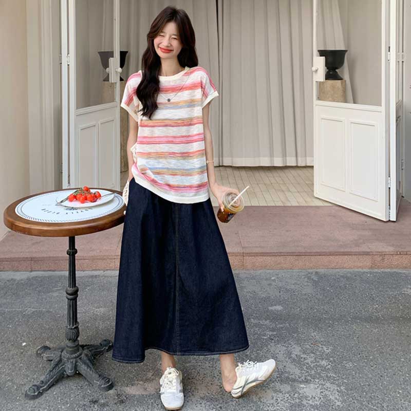 ボーダートップス×デニムフレアスカート