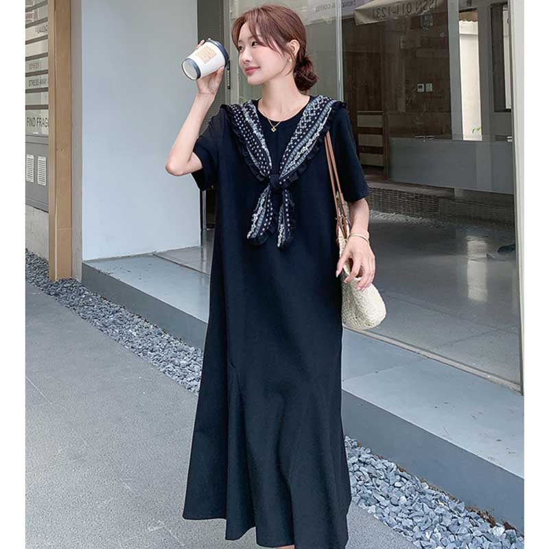 セーラーカラー風ロングフレアワンピース