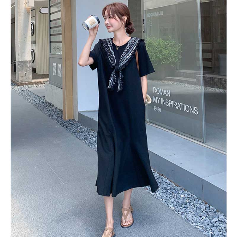 セーラーカラー風ロングフレアワンピース