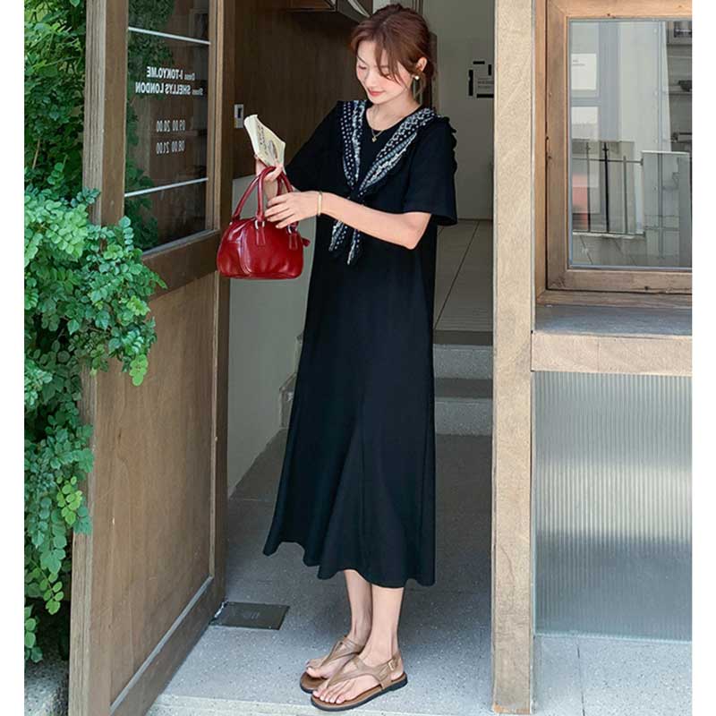 セーラーカラー風ロングフレアワンピース