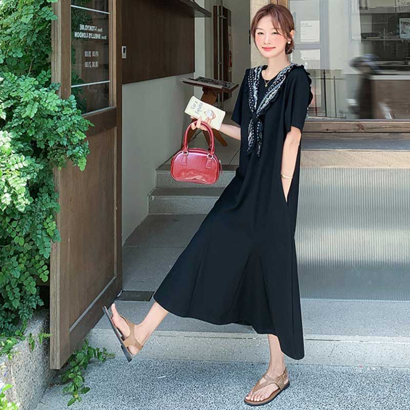 セーラーカラー風ロングフレアワンピース