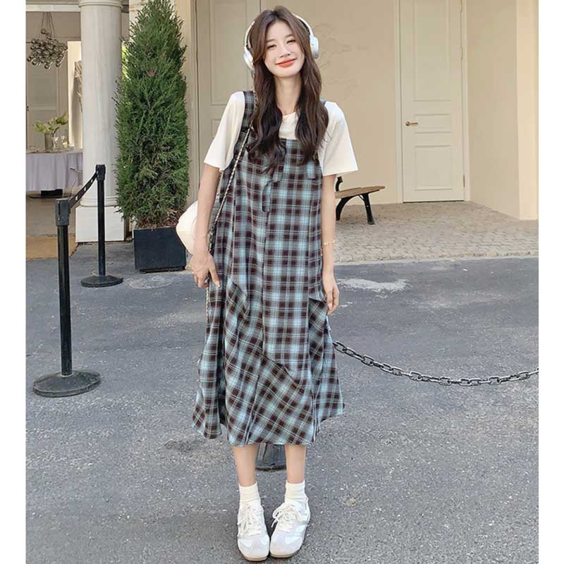 チェック柄フェイクツーピースワンピース