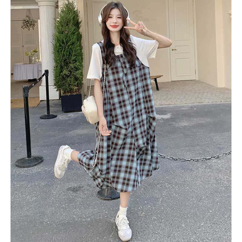 チェック柄フェイクツーピースワンピース