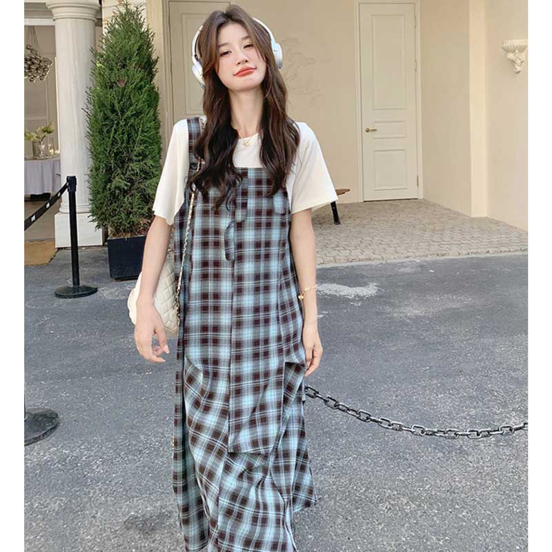 チェック柄フェイクツーピースワンピース