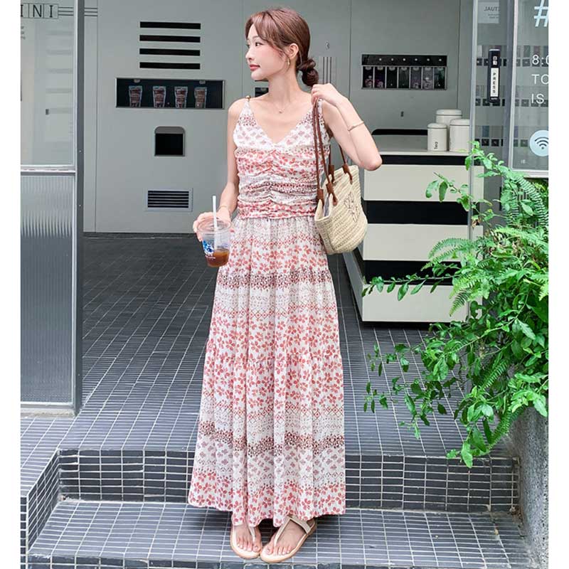 小花柄ティアードロングワンピース